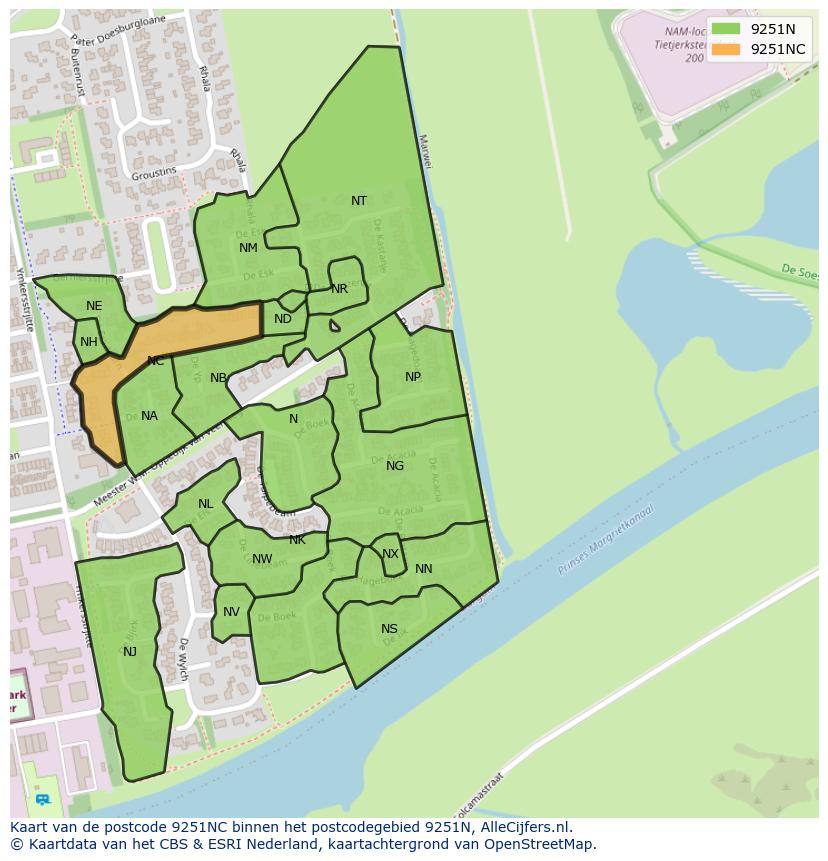 Afbeelding van het postcodegebied 9251 NC op de kaart.