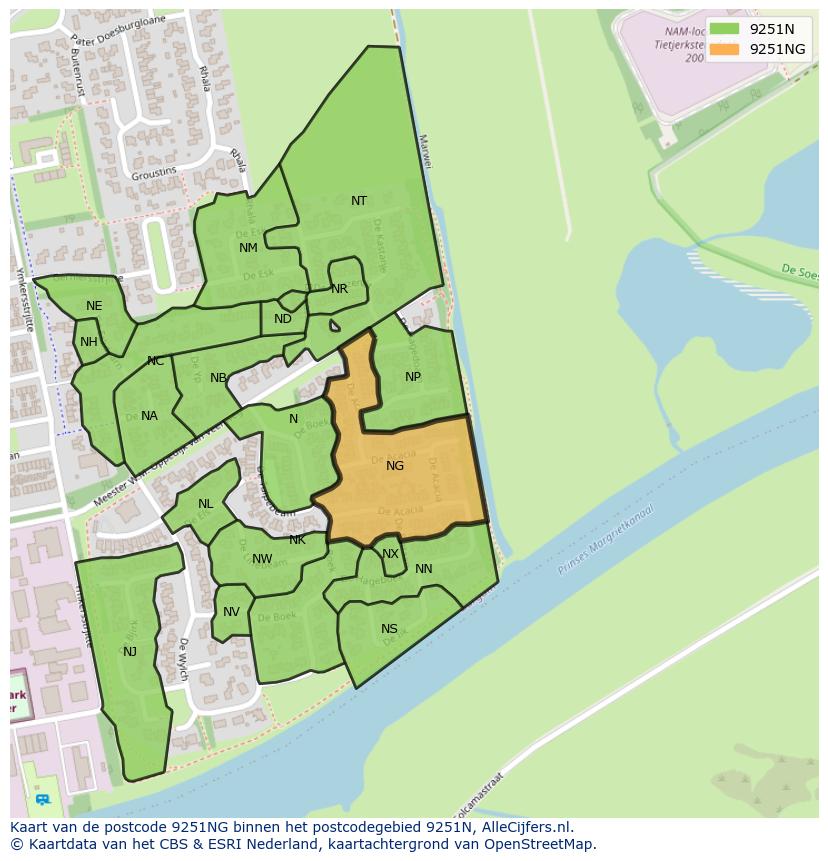 Afbeelding van het postcodegebied 9251 NG op de kaart.