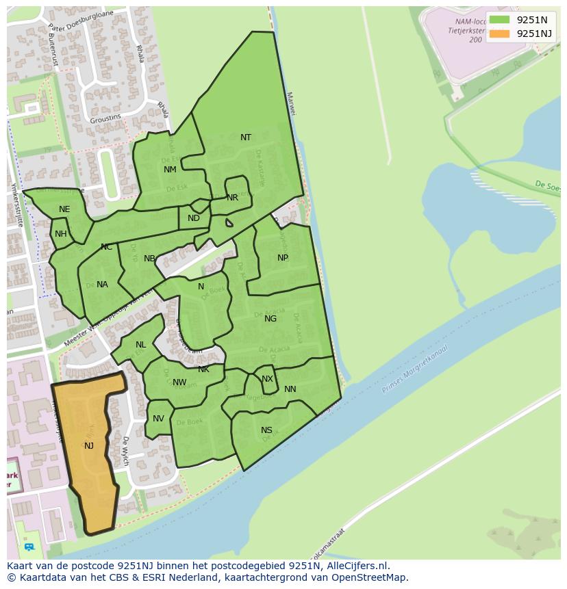 Afbeelding van het postcodegebied 9251 NJ op de kaart.