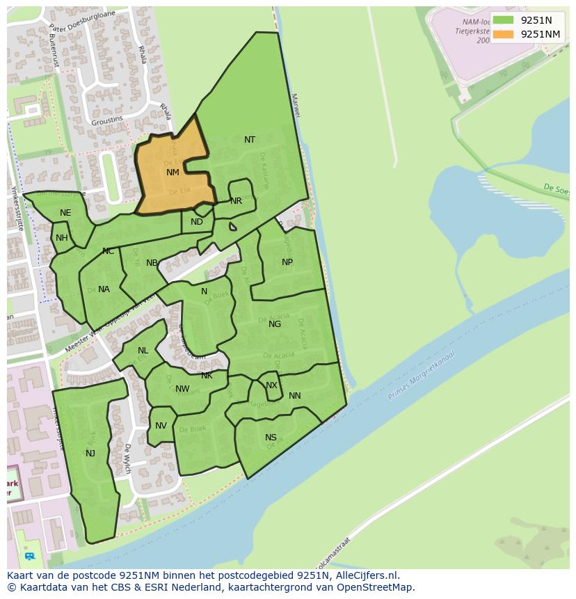 Afbeelding van het postcodegebied 9251 NM op de kaart.