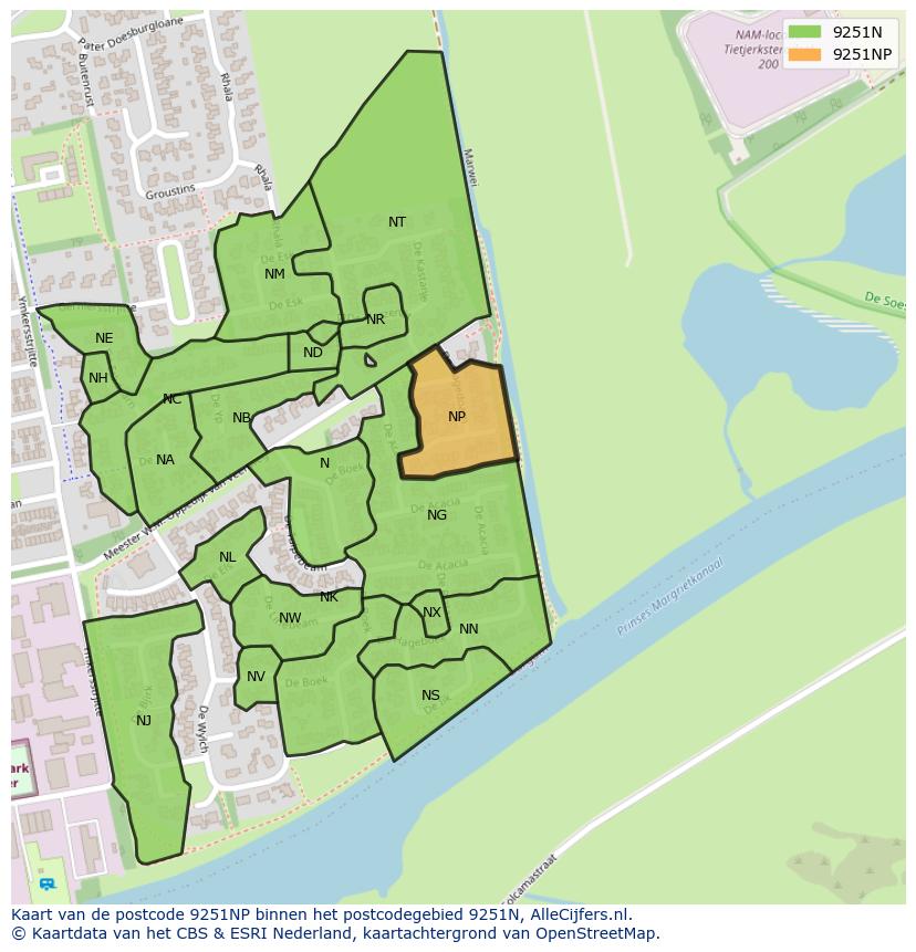 Afbeelding van het postcodegebied 9251 NP op de kaart.
