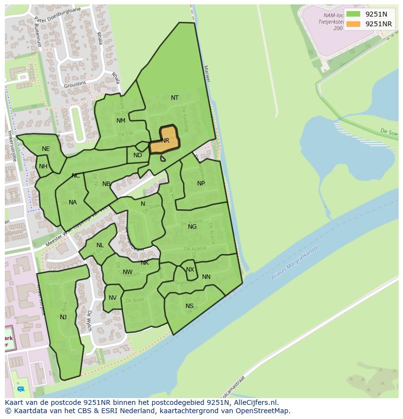 Afbeelding van het postcodegebied 9251 NR op de kaart.