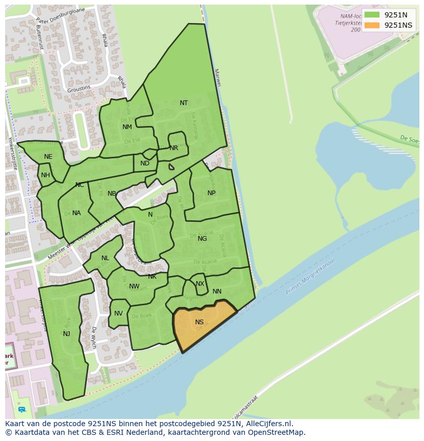 Afbeelding van het postcodegebied 9251 NS op de kaart.