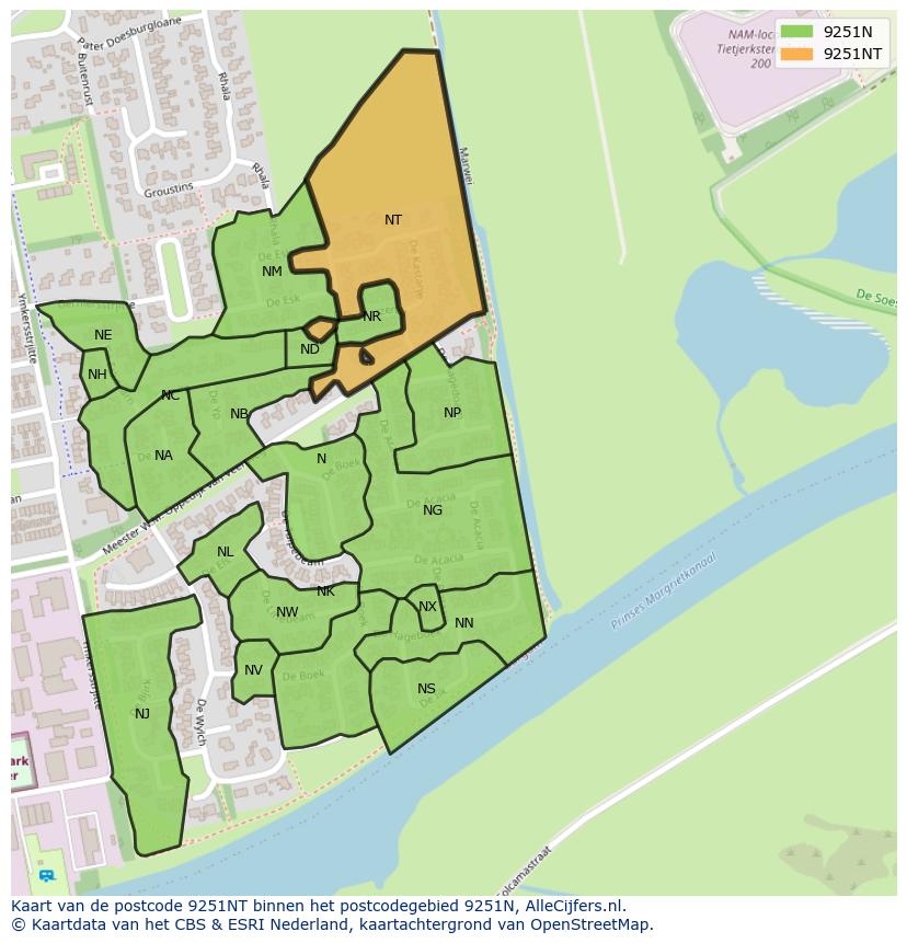 Afbeelding van het postcodegebied 9251 NT op de kaart.