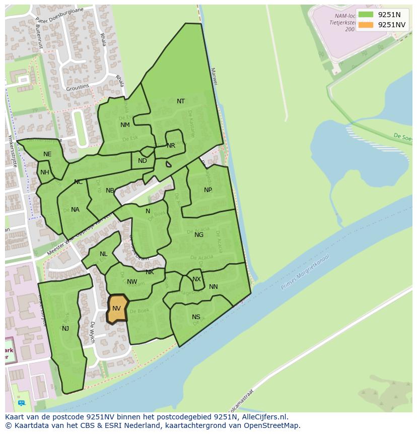 Afbeelding van het postcodegebied 9251 NV op de kaart.