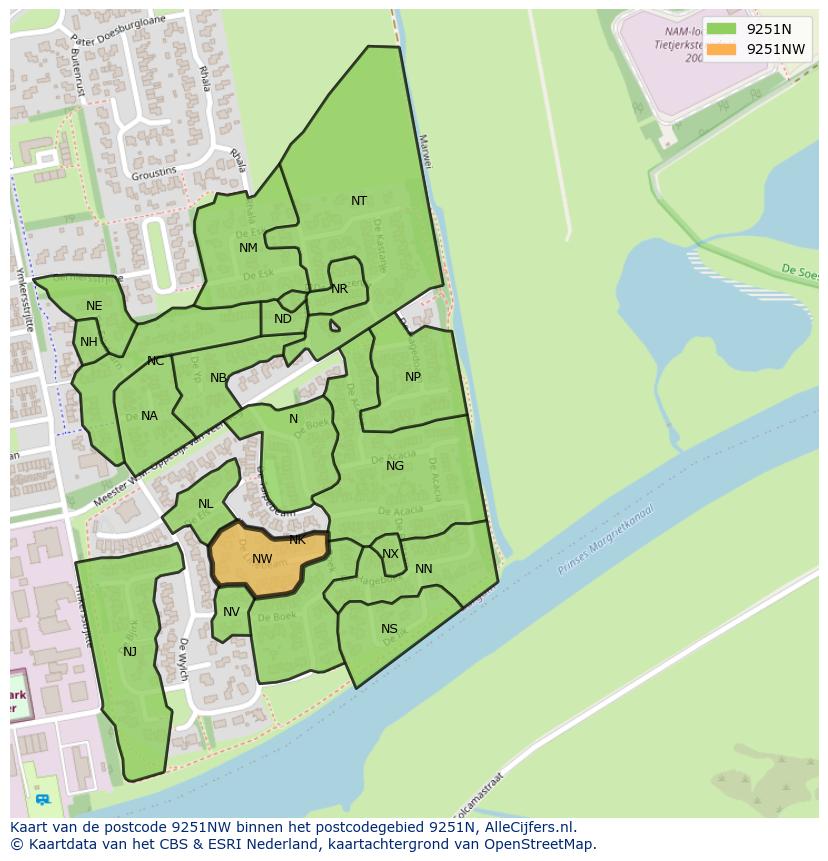 Afbeelding van het postcodegebied 9251 NW op de kaart.