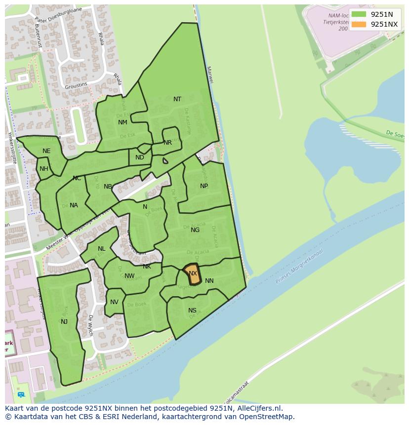 Afbeelding van het postcodegebied 9251 NX op de kaart.