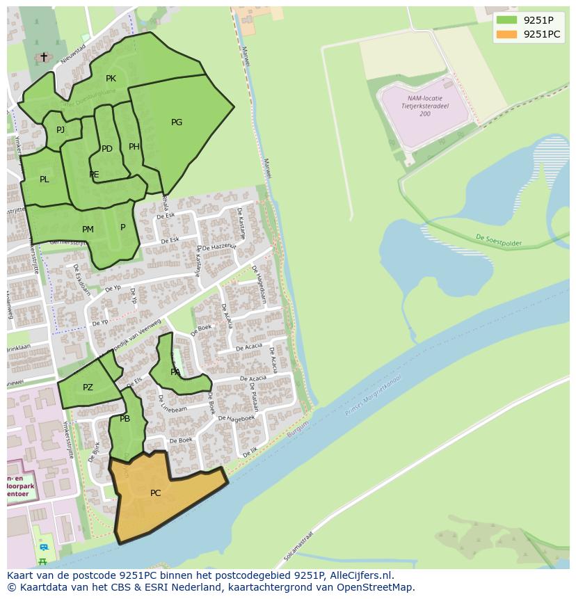 Afbeelding van het postcodegebied 9251 PC op de kaart.