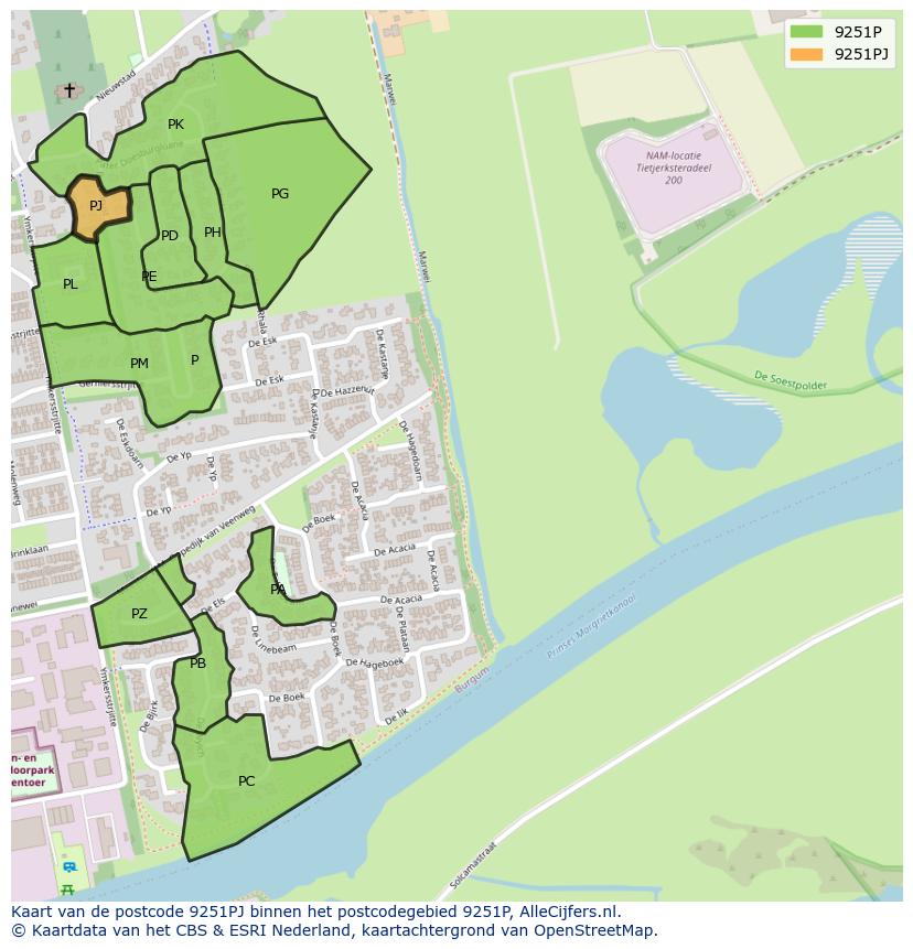 Afbeelding van het postcodegebied 9251 PJ op de kaart.