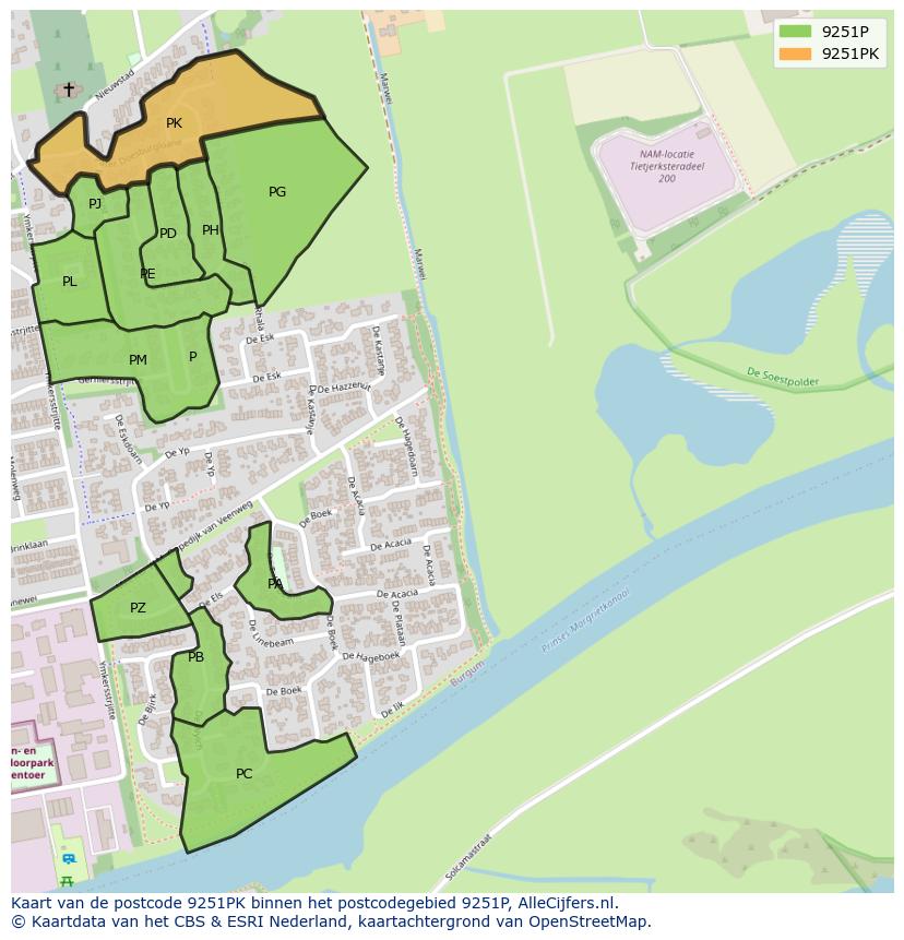 Afbeelding van het postcodegebied 9251 PK op de kaart.