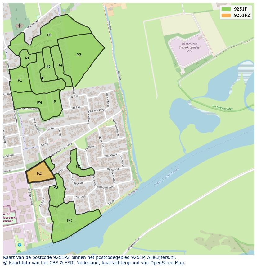 Afbeelding van het postcodegebied 9251 PZ op de kaart.
