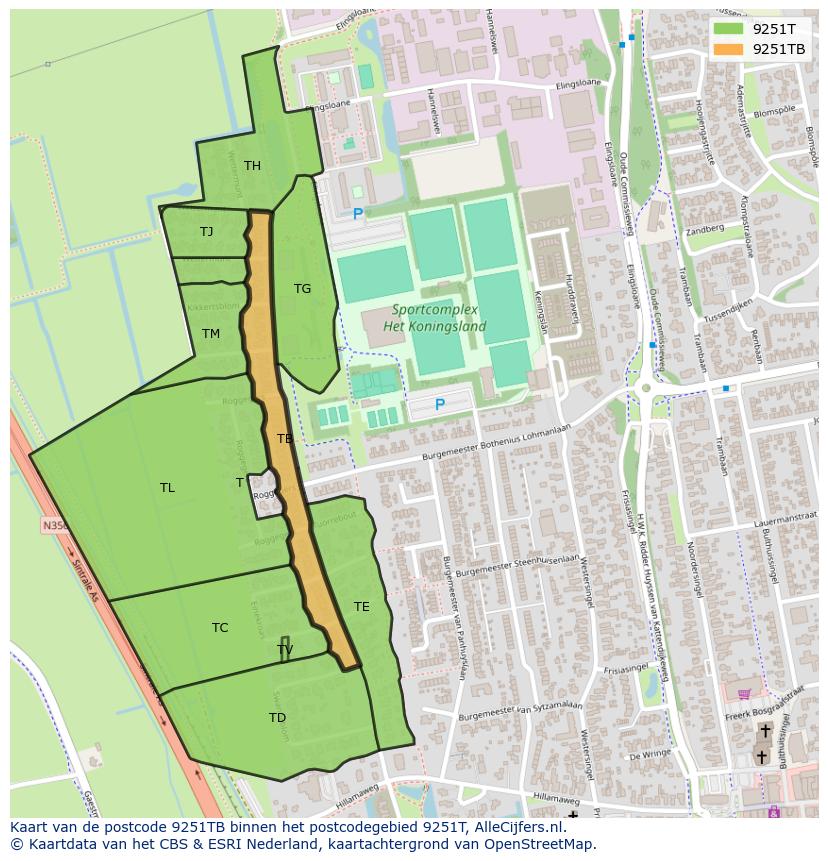 Afbeelding van het postcodegebied 9251 TB op de kaart.