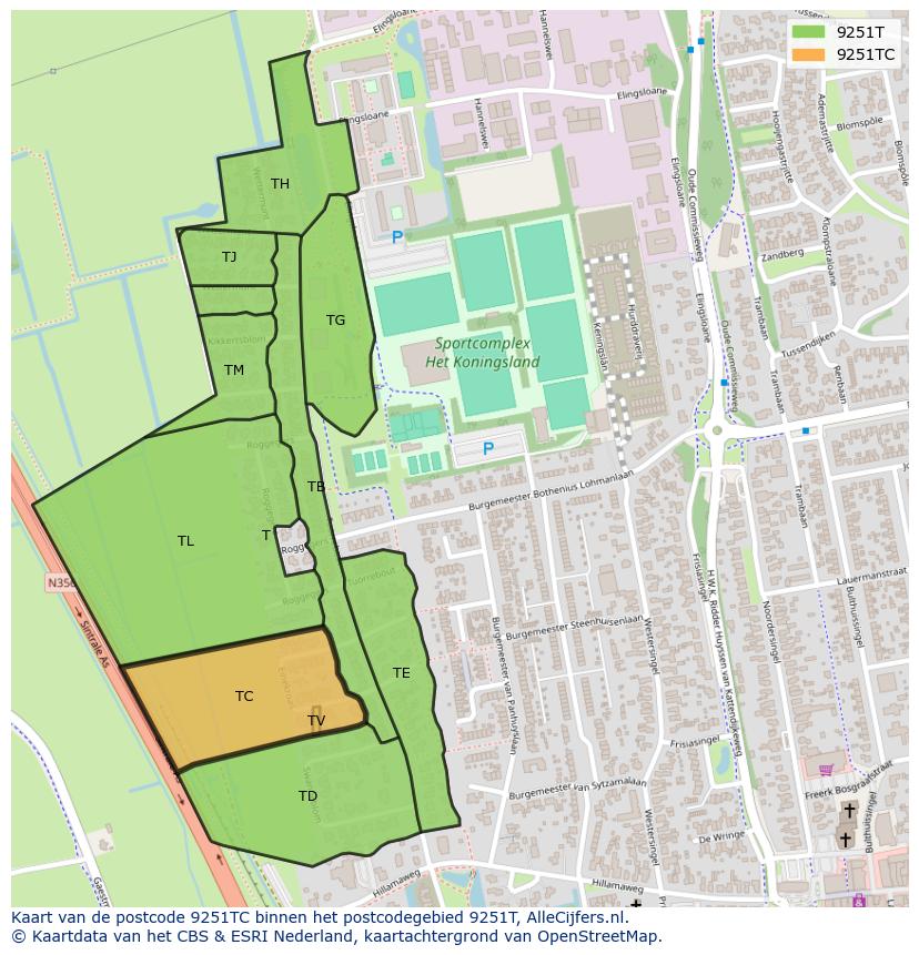 Afbeelding van het postcodegebied 9251 TC op de kaart.
