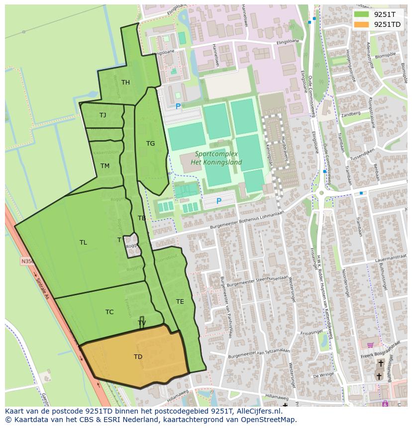 Afbeelding van het postcodegebied 9251 TD op de kaart.