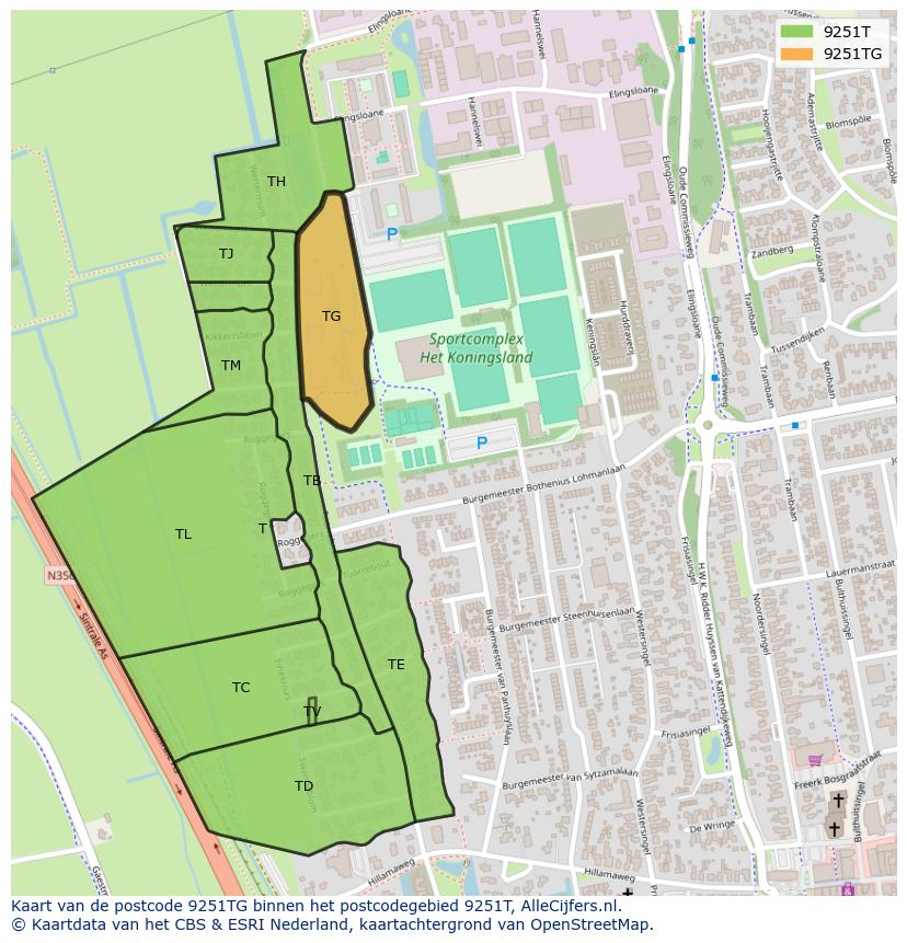 Afbeelding van het postcodegebied 9251 TG op de kaart.