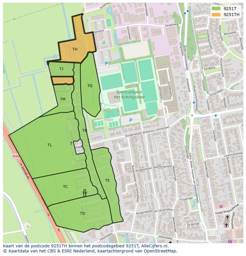 Afbeelding van het postcodegebied 9251 TH op de kaart.