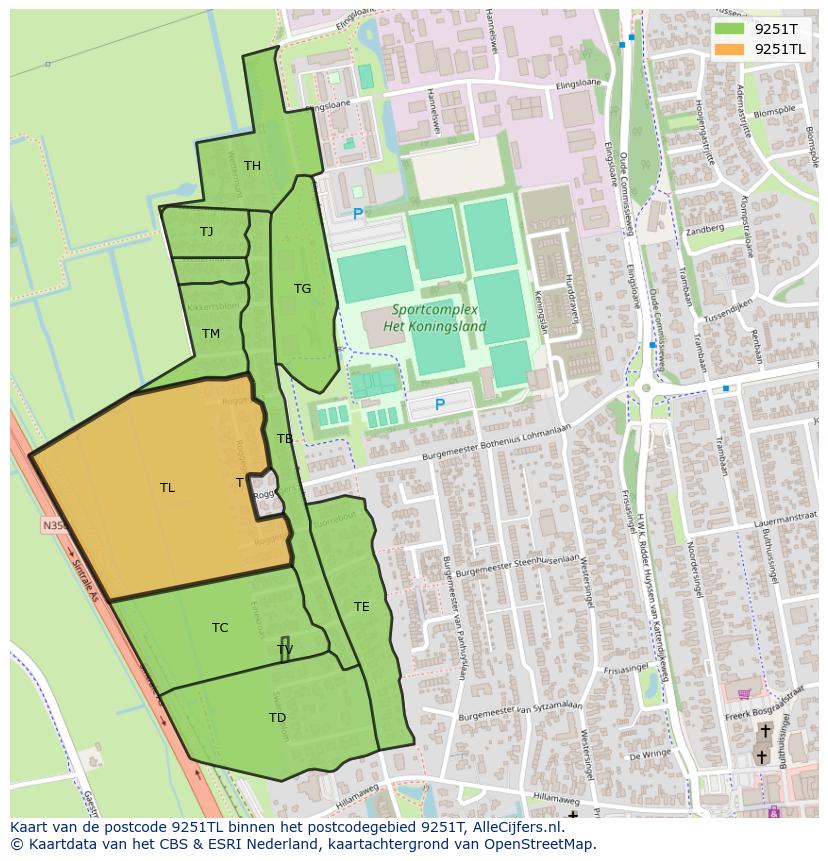Afbeelding van het postcodegebied 9251 TL op de kaart.