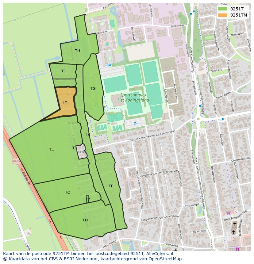 Afbeelding van het postcodegebied 9251 TM op de kaart.
