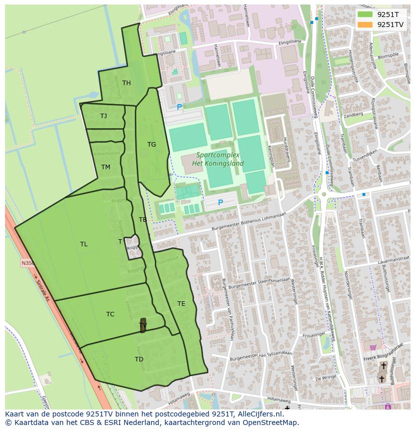Afbeelding van het postcodegebied 9251 TV op de kaart.