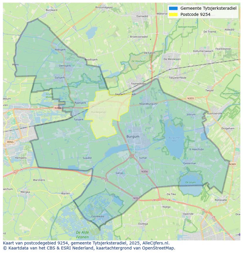 Afbeelding van het postcodegebied 9254 op de kaart.