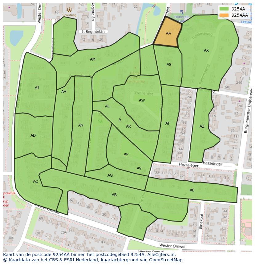 Afbeelding van het postcodegebied 9254 AA op de kaart.
