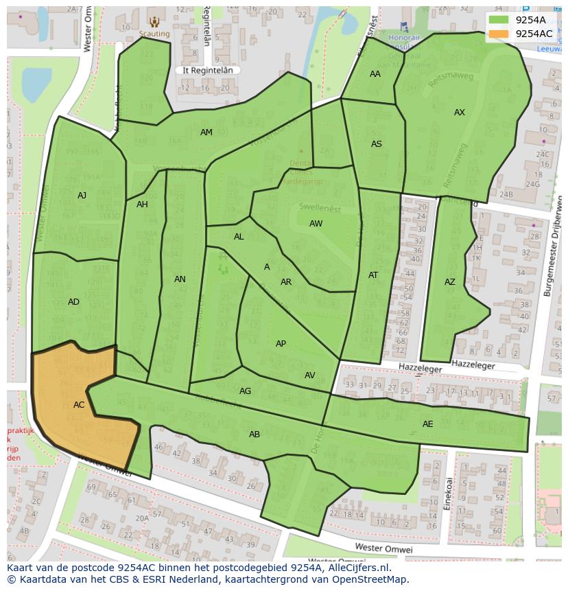 Afbeelding van het postcodegebied 9254 AC op de kaart.