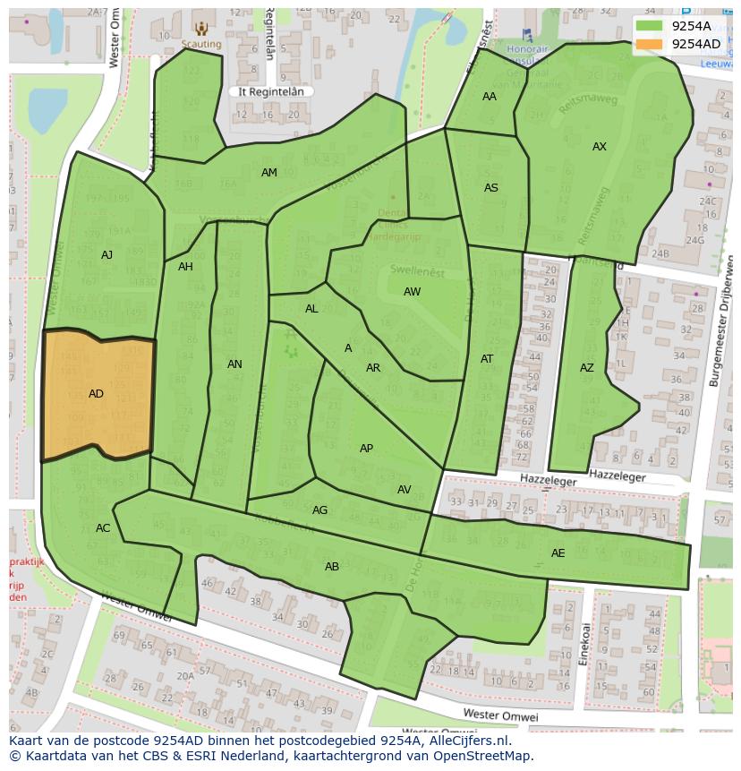 Afbeelding van het postcodegebied 9254 AD op de kaart.