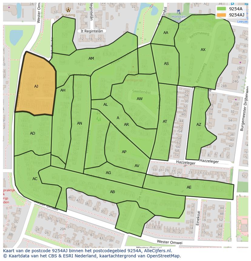 Afbeelding van het postcodegebied 9254 AJ op de kaart.
