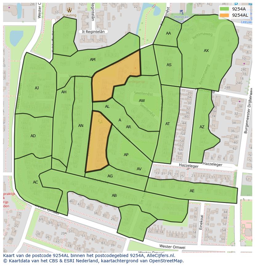 Afbeelding van het postcodegebied 9254 AL op de kaart.