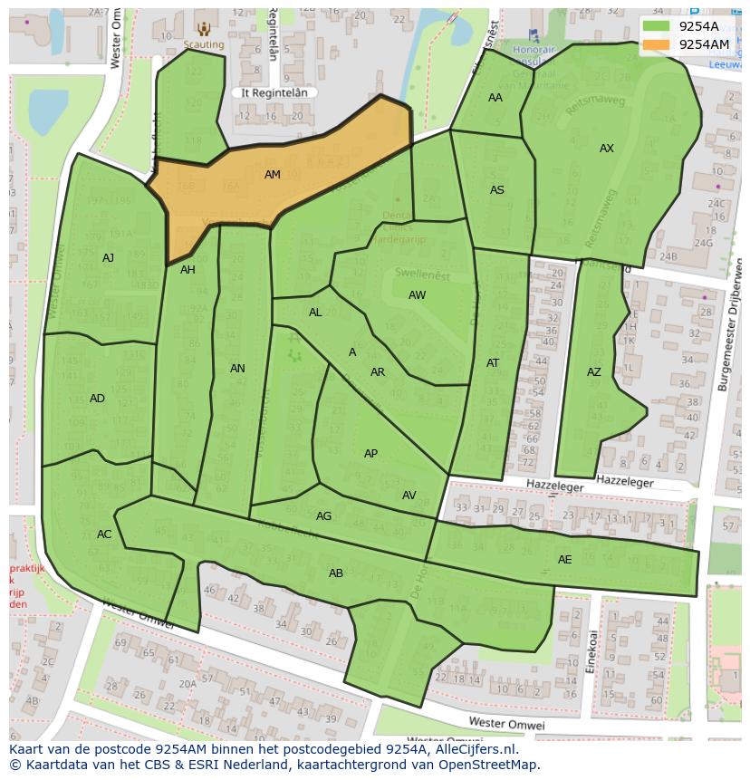 Afbeelding van het postcodegebied 9254 AM op de kaart.