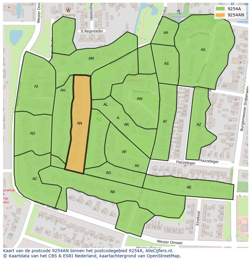 Afbeelding van het postcodegebied 9254 AN op de kaart.