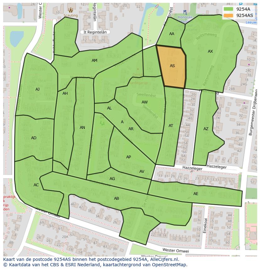 Afbeelding van het postcodegebied 9254 AS op de kaart.