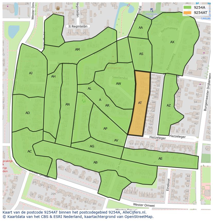 Afbeelding van het postcodegebied 9254 AT op de kaart.