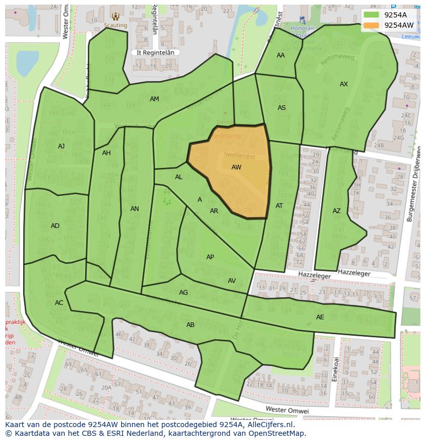 Afbeelding van het postcodegebied 9254 AW op de kaart.