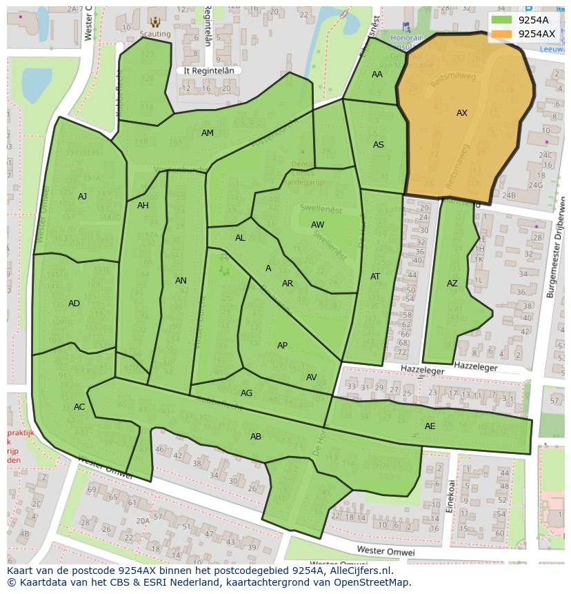 Afbeelding van het postcodegebied 9254 AX op de kaart.
