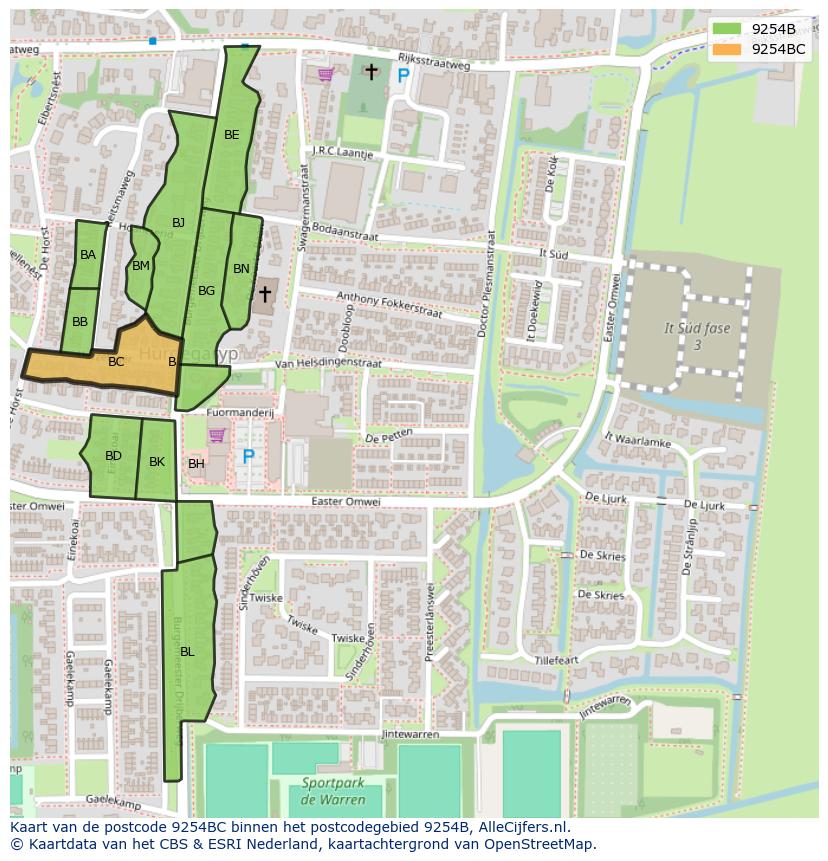 Afbeelding van het postcodegebied 9254 BC op de kaart.