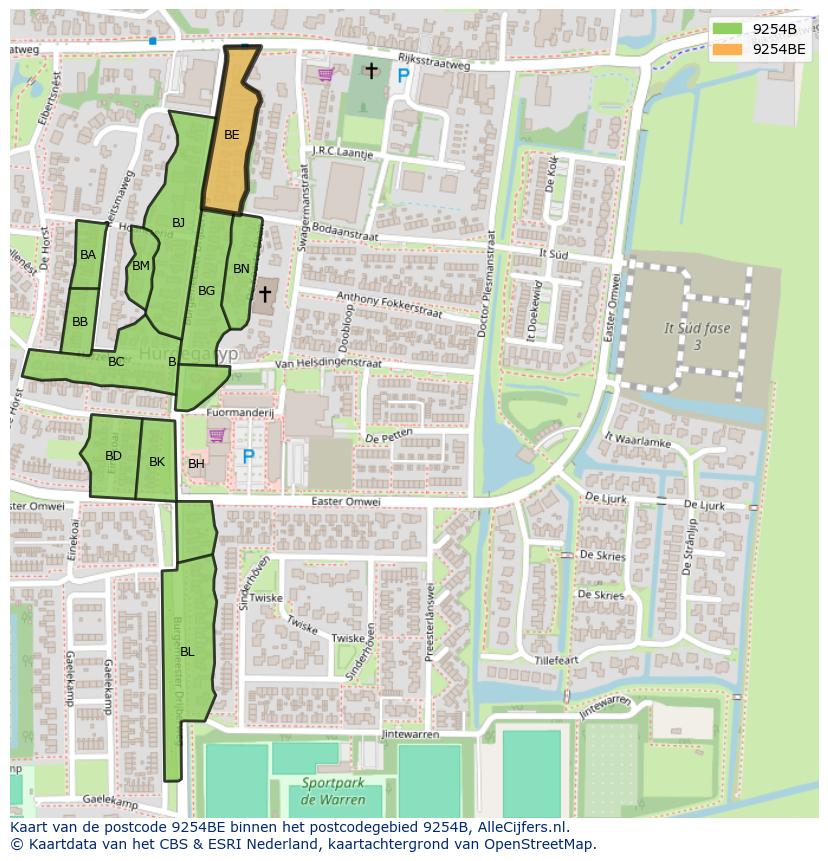 Afbeelding van het postcodegebied 9254 BE op de kaart.