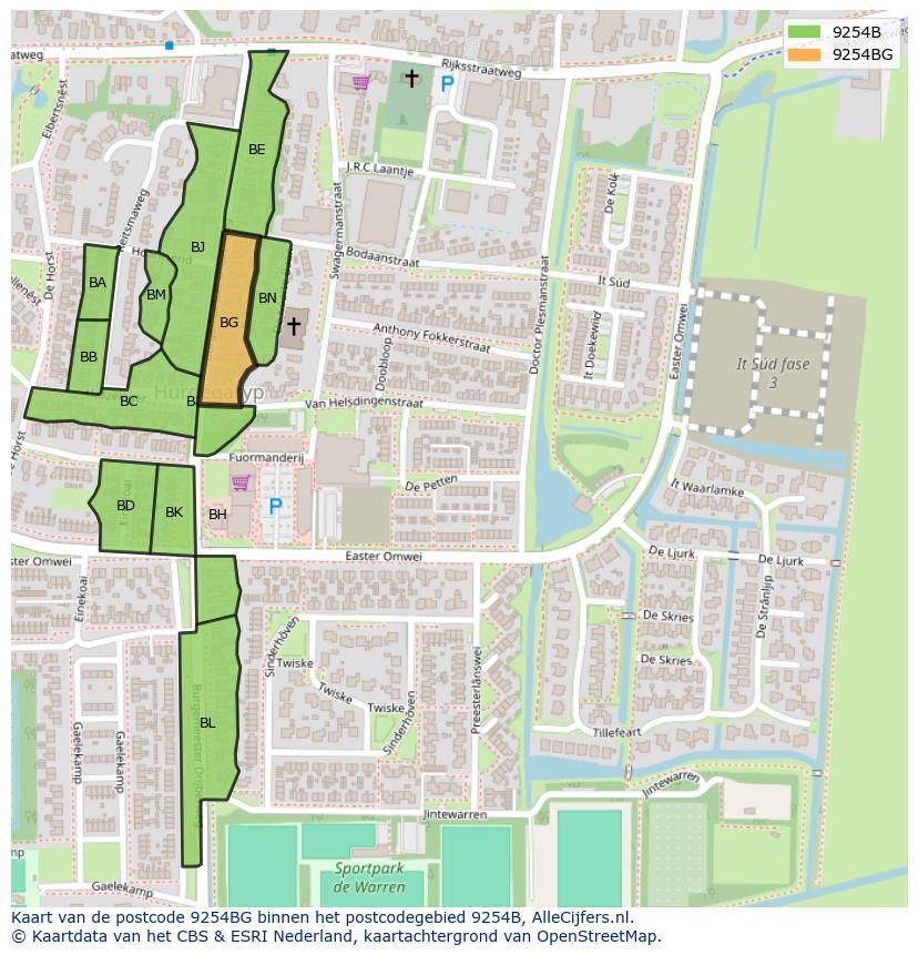 Afbeelding van het postcodegebied 9254 BG op de kaart.