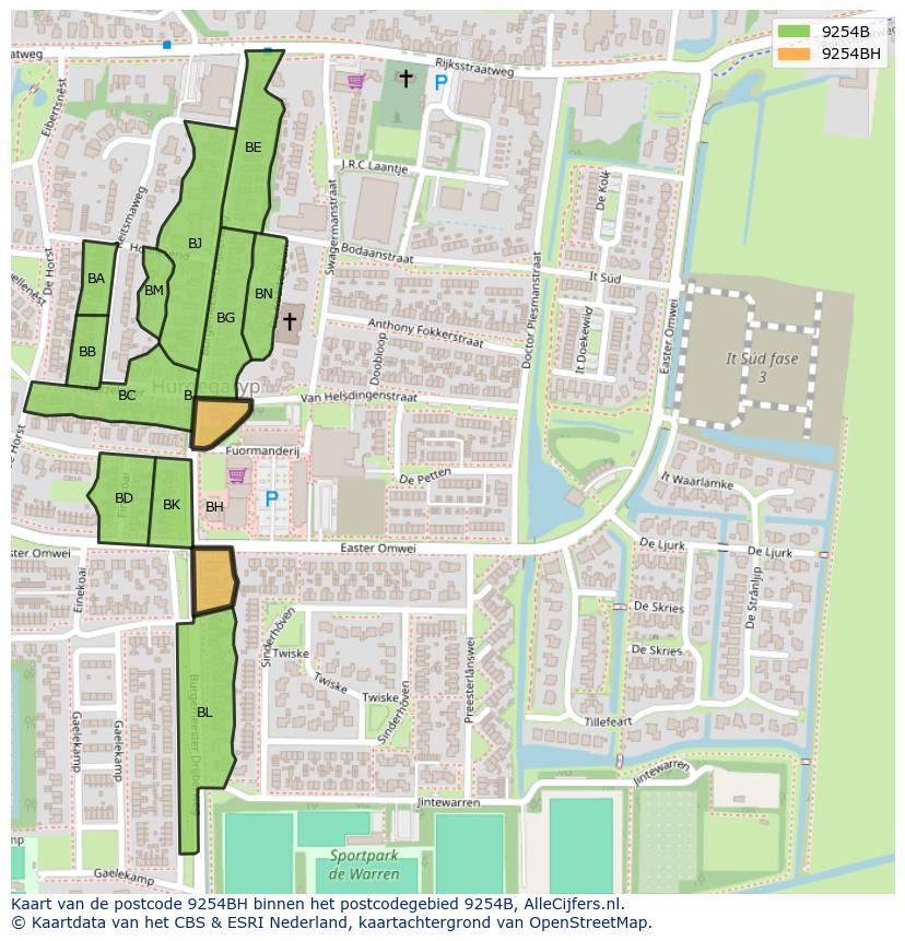 Afbeelding van het postcodegebied 9254 BH op de kaart.