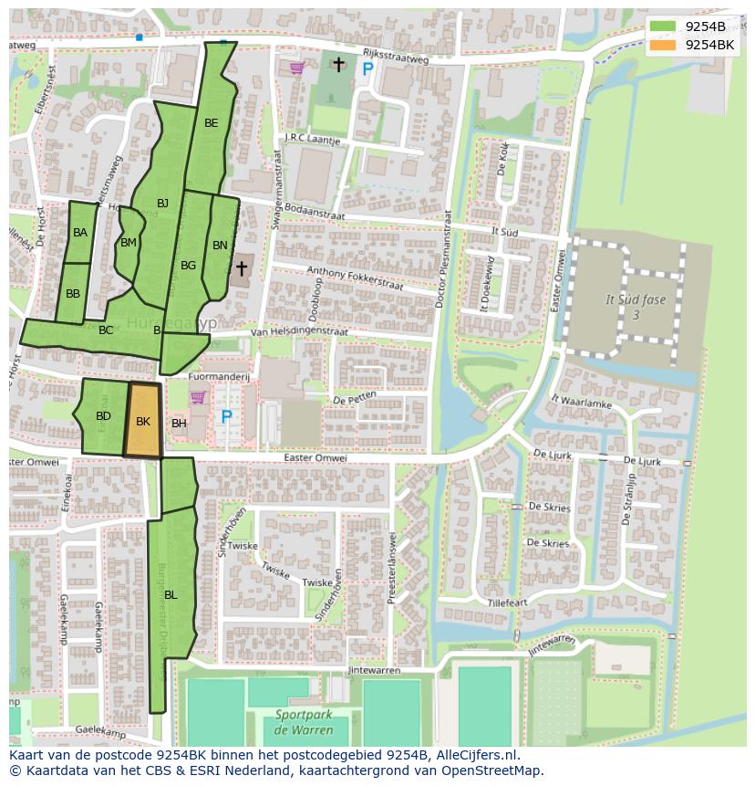 Afbeelding van het postcodegebied 9254 BK op de kaart.