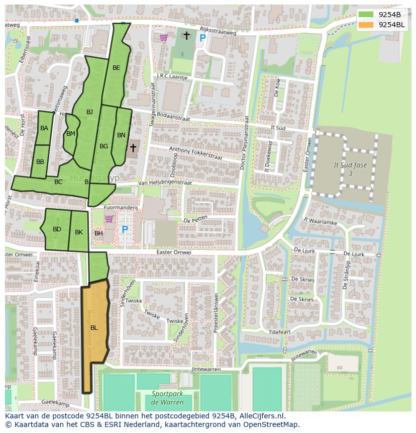 Afbeelding van het postcodegebied 9254 BL op de kaart.