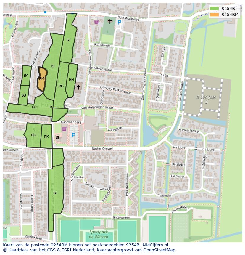 Afbeelding van het postcodegebied 9254 BM op de kaart.