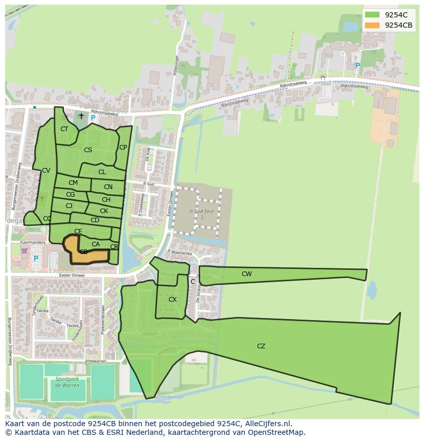 Afbeelding van het postcodegebied 9254 CB op de kaart.