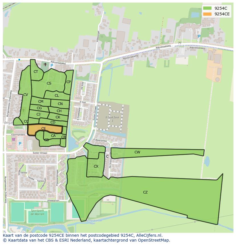Afbeelding van het postcodegebied 9254 CE op de kaart.