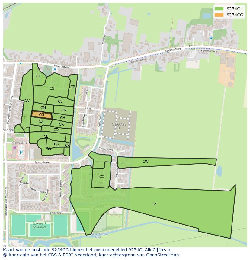 Afbeelding van het postcodegebied 9254 CG op de kaart.