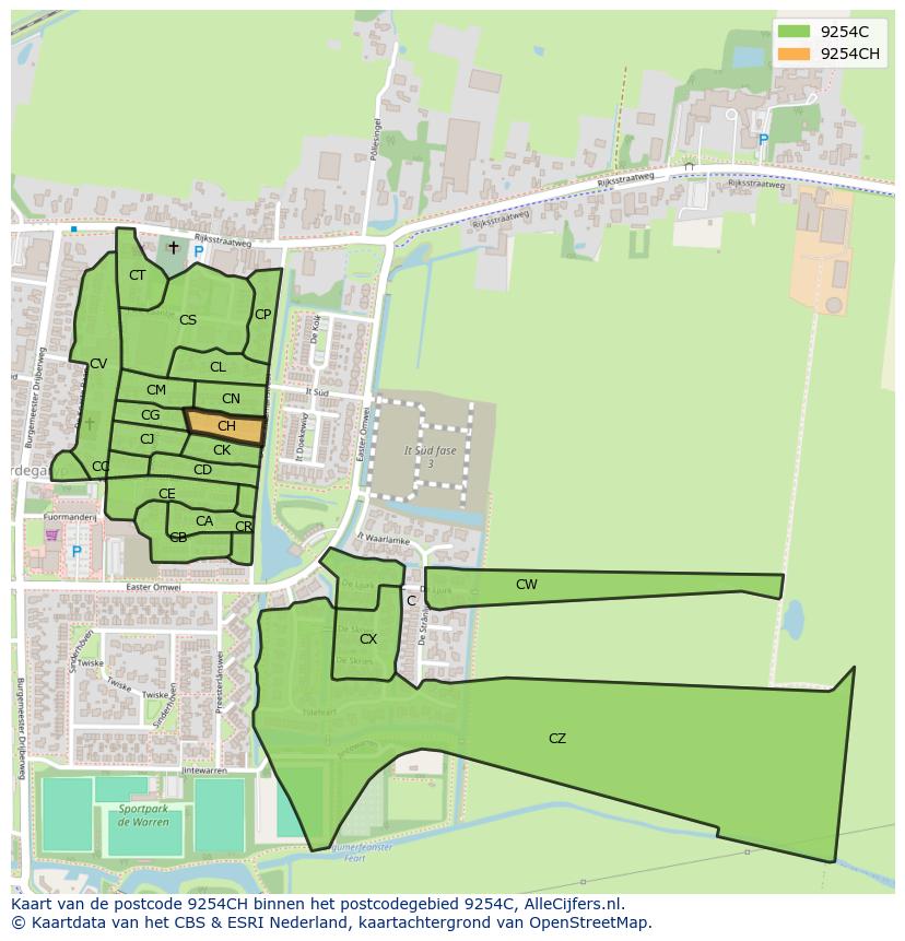 Afbeelding van het postcodegebied 9254 CH op de kaart.
