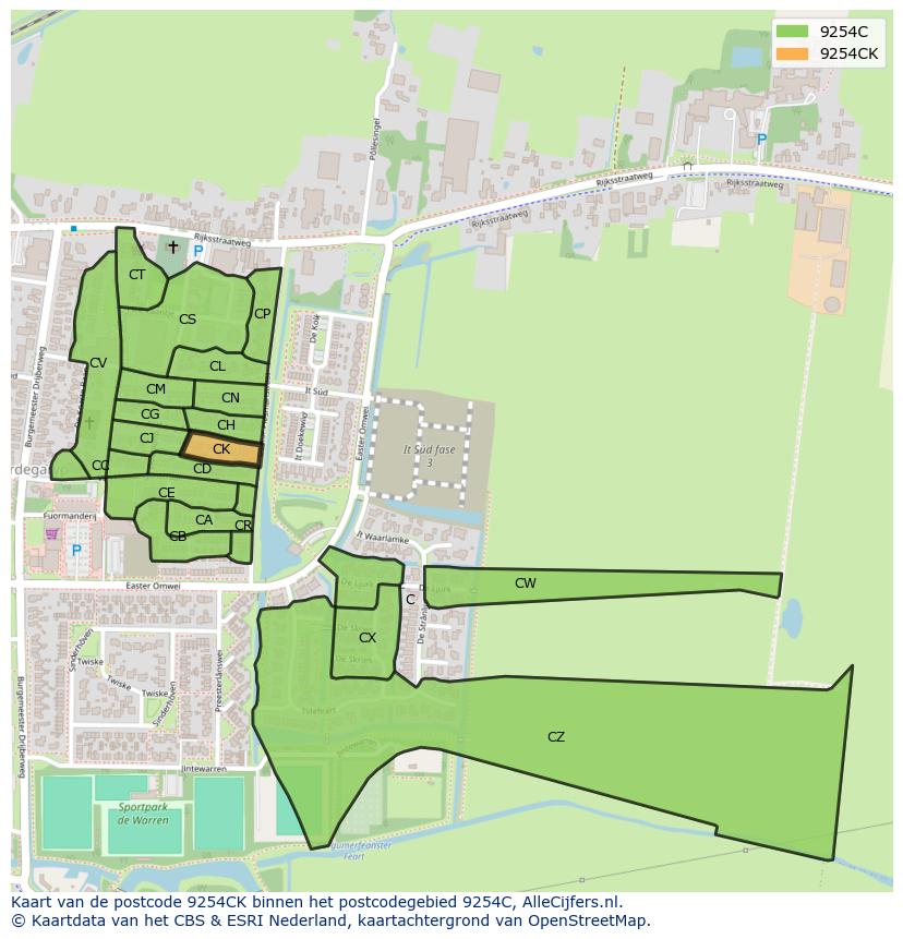 Afbeelding van het postcodegebied 9254 CK op de kaart.