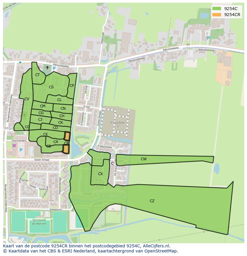Afbeelding van het postcodegebied 9254 CR op de kaart.