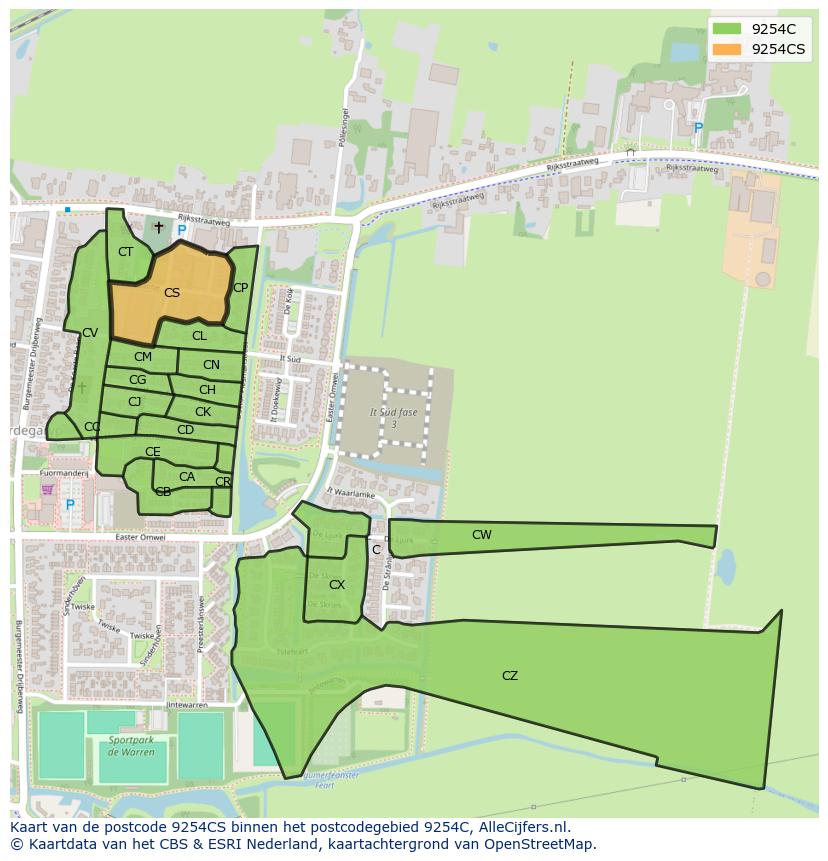 Afbeelding van het postcodegebied 9254 CS op de kaart.