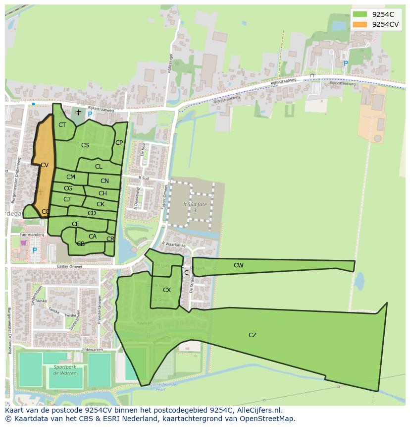 Afbeelding van het postcodegebied 9254 CV op de kaart.